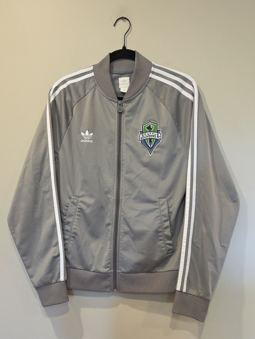 adidas Gray Track Jacket with White Stripes and Seattle Sounders Crest